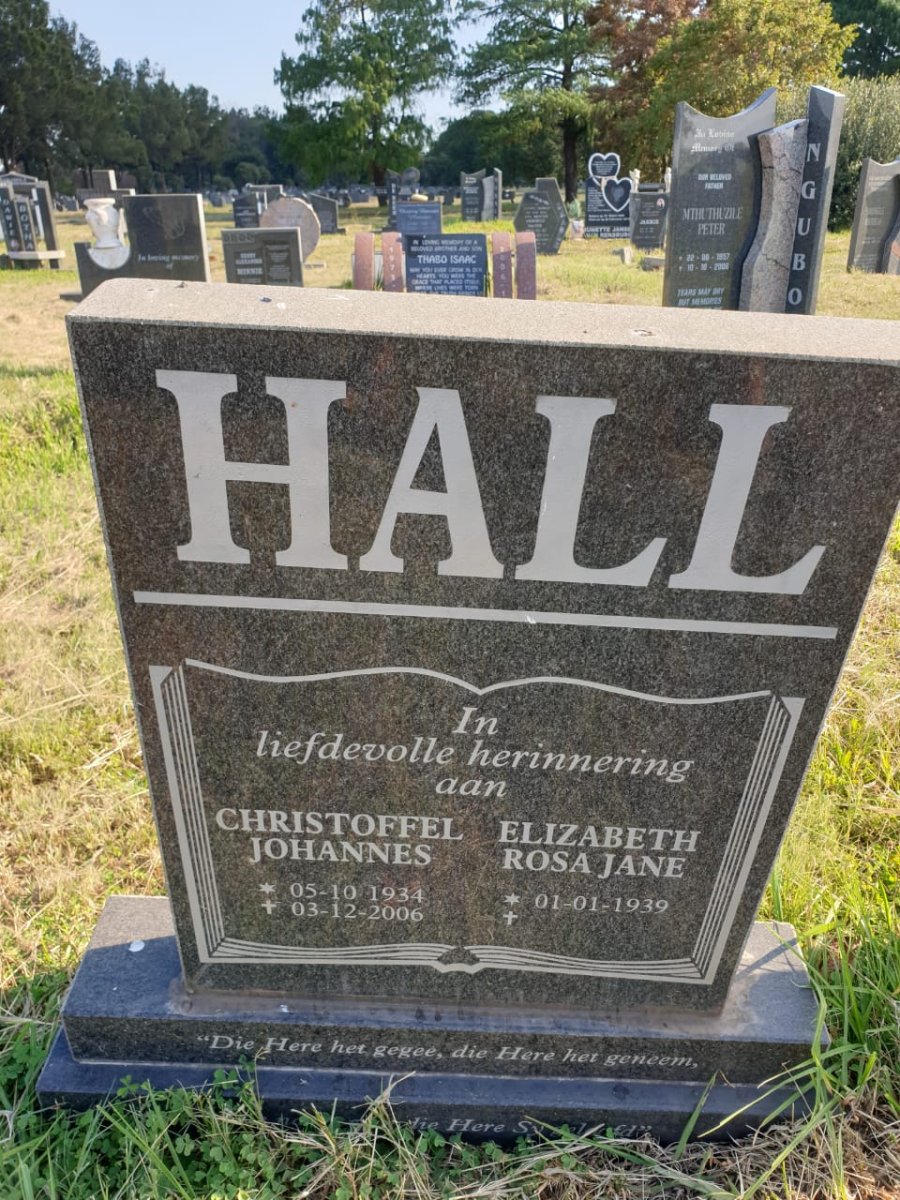 HALL Christoffel Johannes 1934-2006 &amp; Elizabeth Rosa Jane 1939-