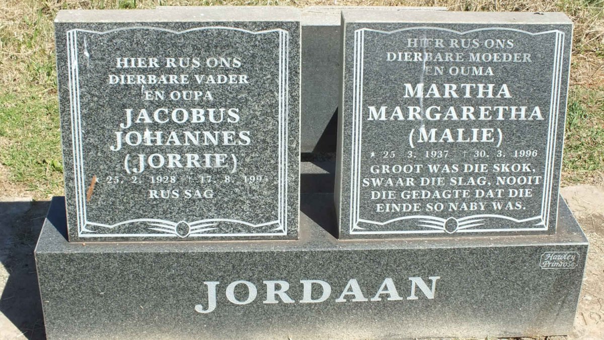 JORDAAN Jacobus Johannes 1928-199? &amp; Martha Margaretha 1937-1996