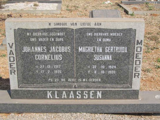 KLAASSEN Johannes Jacobus Cornelius 1917-1976 &amp; Magrietha Gertruida Susanna 1924-1998