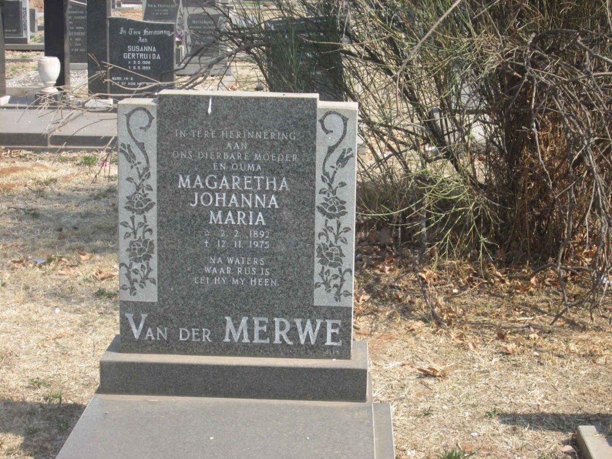 MERWE Magaretha Johanna Maria, van der 1892-1975