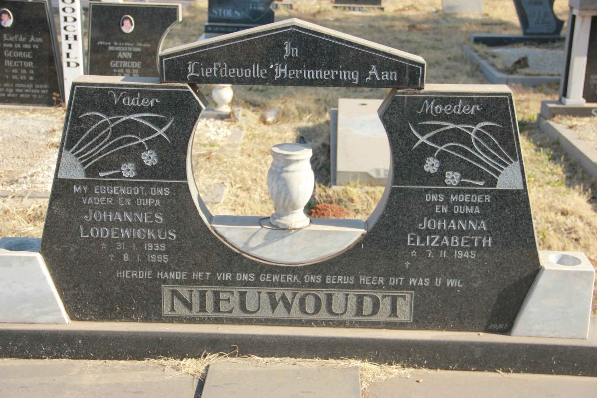 NIEUWOUDT Johannes Lodewickus 1939-1995 &amp; Johanna Elizabeth 1945-
