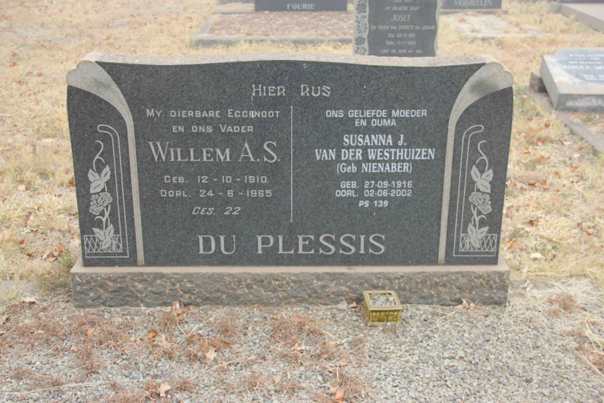 PLESSIS Willem A.S., du 1910-1965 &amp; Susanna J. VAN DER WESTHUIZEN nee NIENABER 1916-2002