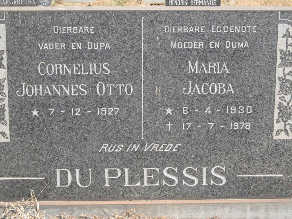 PLESSIS Cornelius Johannes Otto, du 1927- &amp; Maria Jacoba 1930-1978