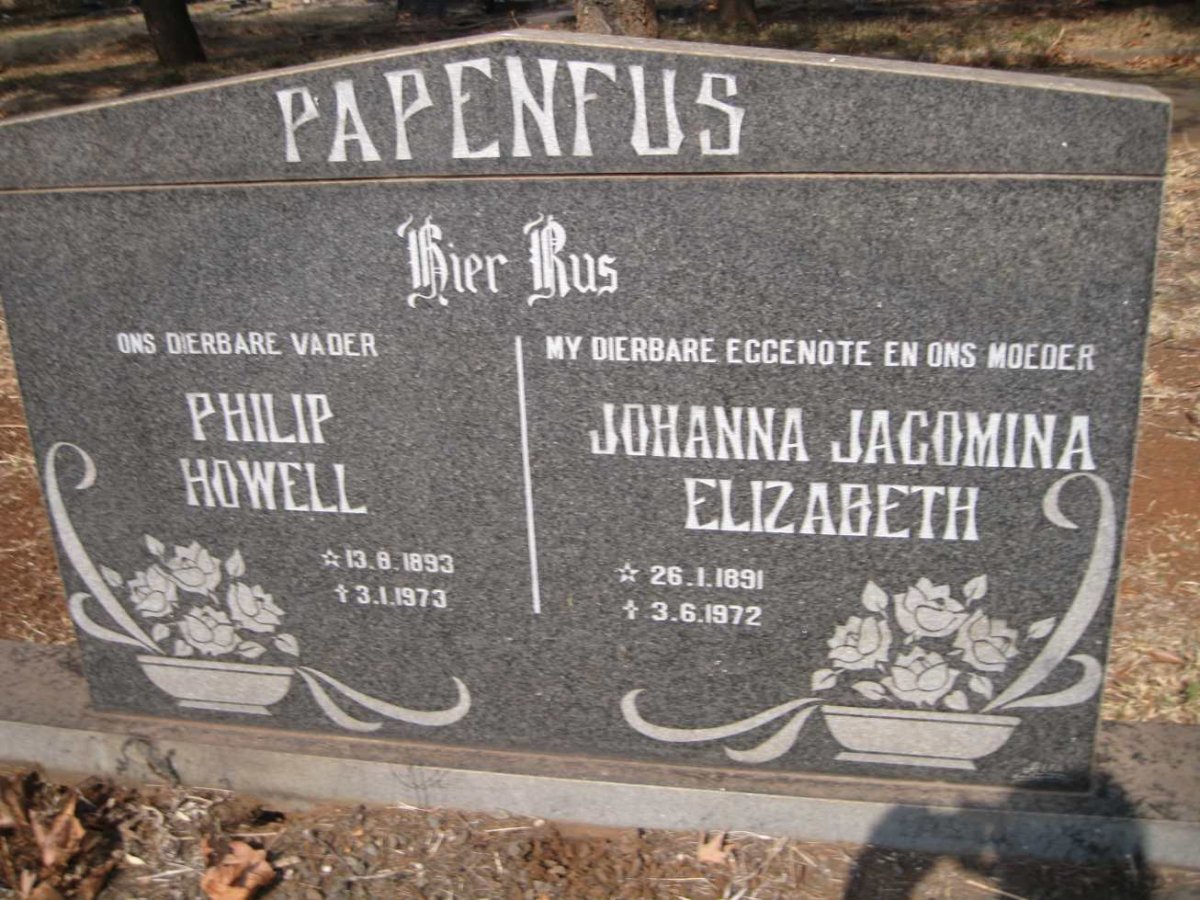 PAPENFUS Philip Howell 1893-1973 &amp; Johanna Jacomina Elizabeth 1891-1972