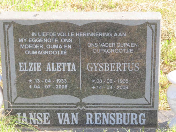 RENSBURG Gysbertus, Janse van 1935-2009 &amp; Elzie Aletta 1933-2006