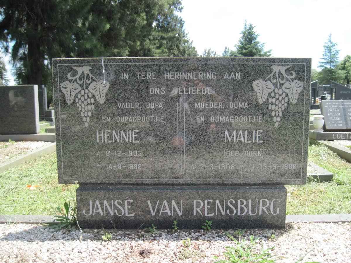 RENSBURG Hennie, Janse van 1903-1988 &amp; Malie HORN 1908-1988