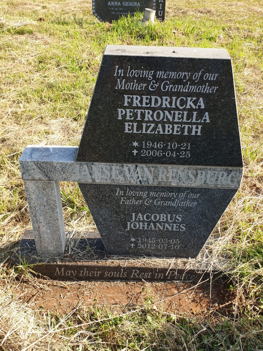 RENSBURG Jacobus Johannes, Janse van 1945-2012 &amp; Fredricka Petronella Elizabeth 1946-2006