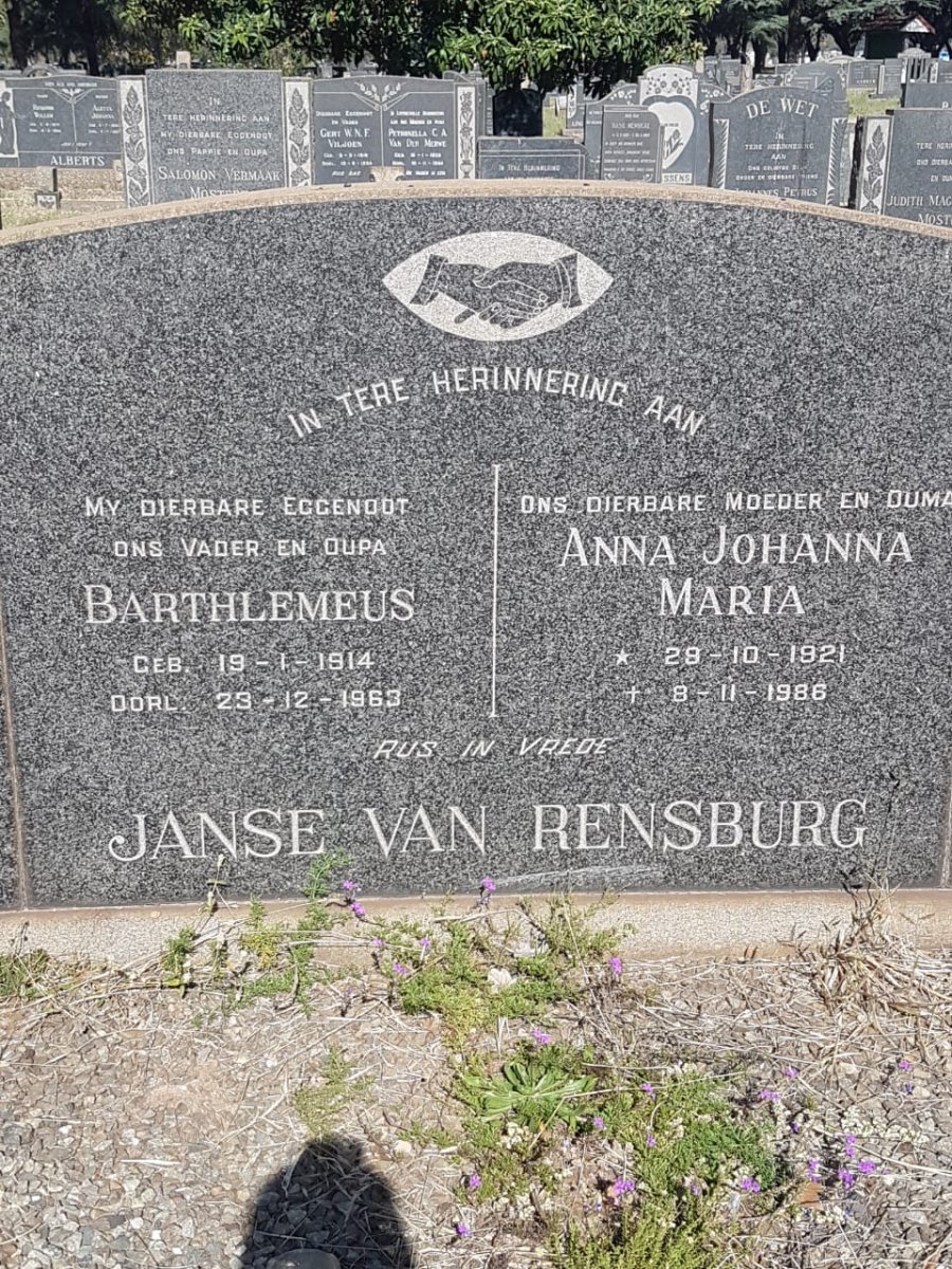 RENSBURG Barthlemeus, Janse van 1914-1963 &amp; Anna Johanna Maria 1921-1986