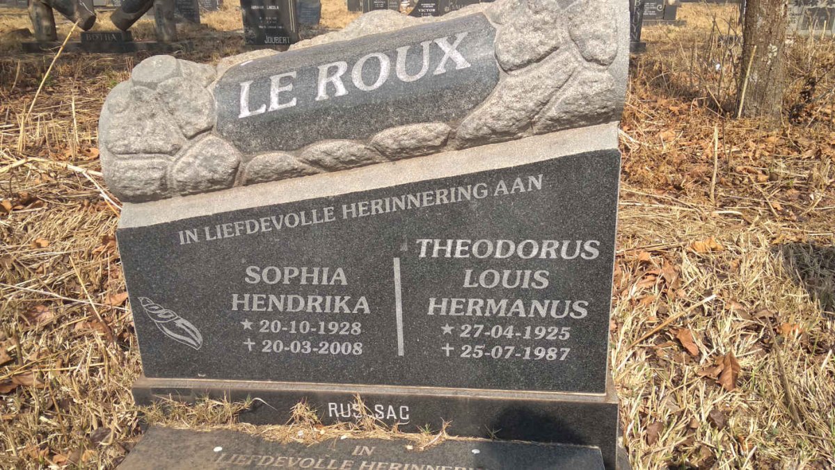 ROUX Theodorus Louis Hermanus, le 1925-1987 &amp; Sophia Hendrika 1928-2008