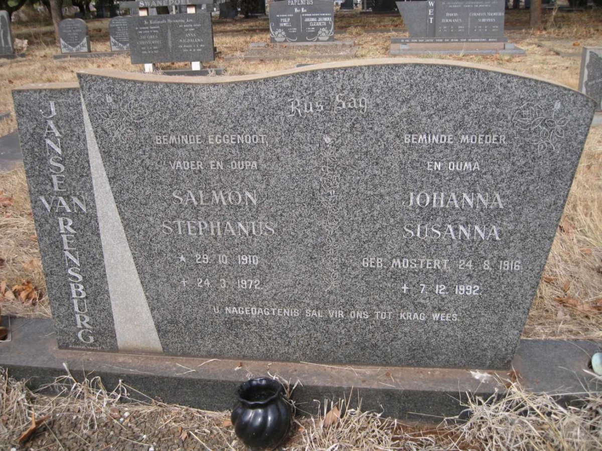 RENSBURG Salmon Stephanus, Janse van 1910-1972 &amp; Johanna Susanna MOSTERT 1916-1992