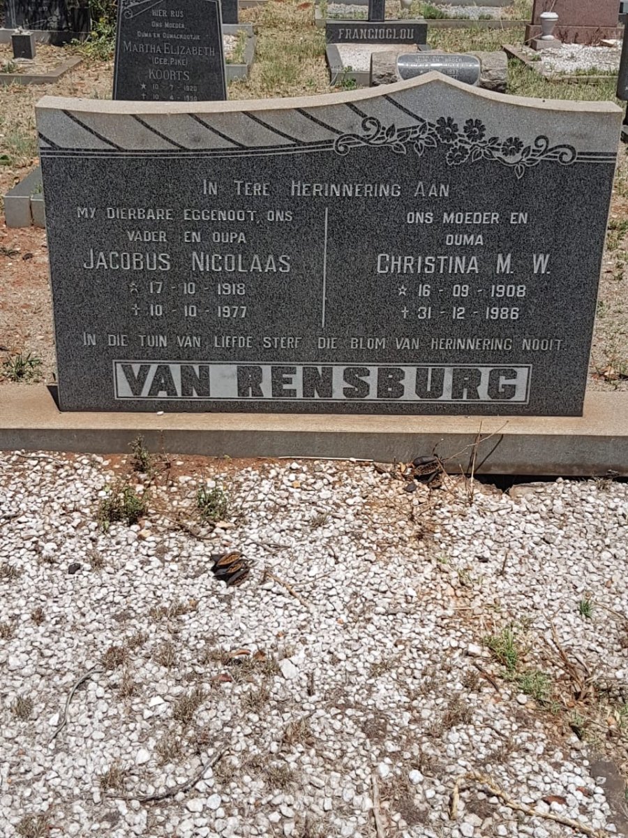 RENSBURG Jacobus Nicolaas, van 1918-1977 &amp; Christina M.W. 1908-1986