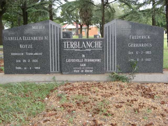 TERBLANCHE Frederick Gerhardus 1903-1952 &amp; KOTZE Isabella Elizabeth M. formerly TERBLANCHE 1906-1992