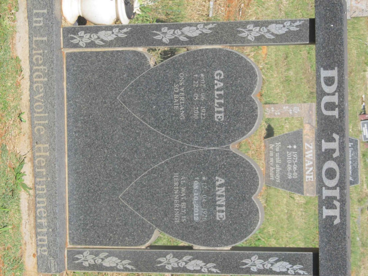 TOIT Gallie, du 1922-2010 &amp; Annie 1926-2012