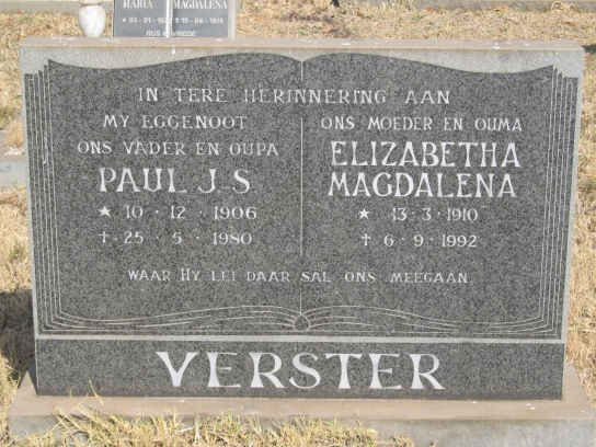 VERSTER Paul J.S. 1906-1980 &amp; Elizabetha Magdalena 1910-1992