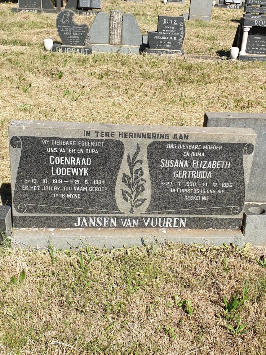 VUUREN Coenraad Lodewyk, Jansen van 1919-1984 &amp; Susanna Elizabeth Gertruida 1930-1996