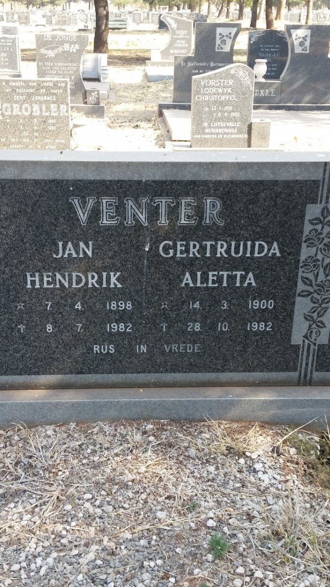 VENTER Jan Hendrik 1898-1982 &amp; Gertruida Aletta 1900-1982