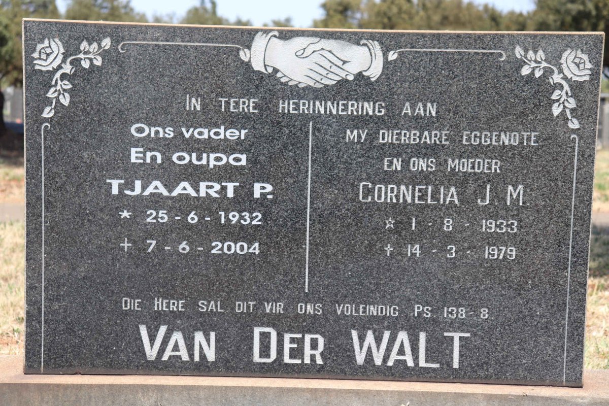WALT Tjaart P., van der 1932-2004 & Cornelia J.M. 1933-1979