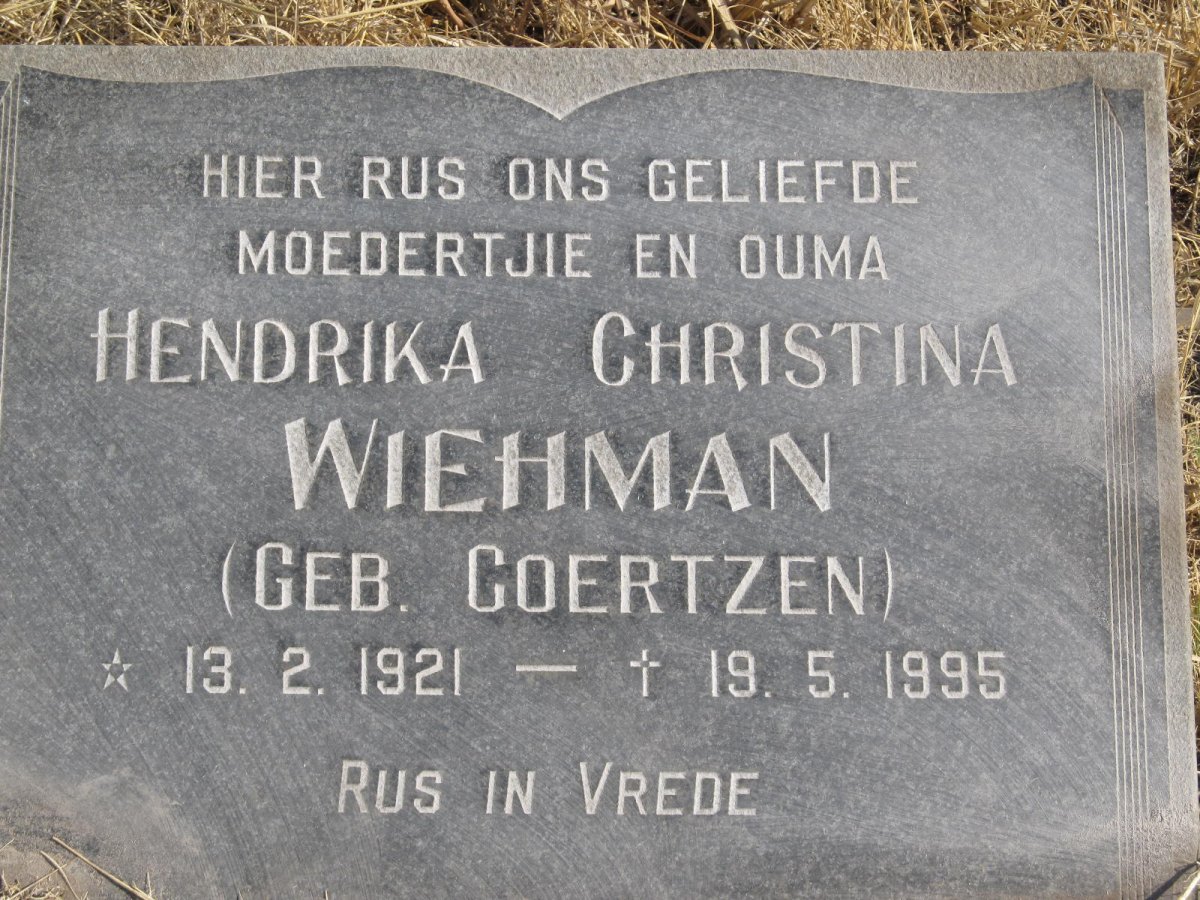 WIEHMAN Hendrika Christina nee COERTZEN 1921-1995 