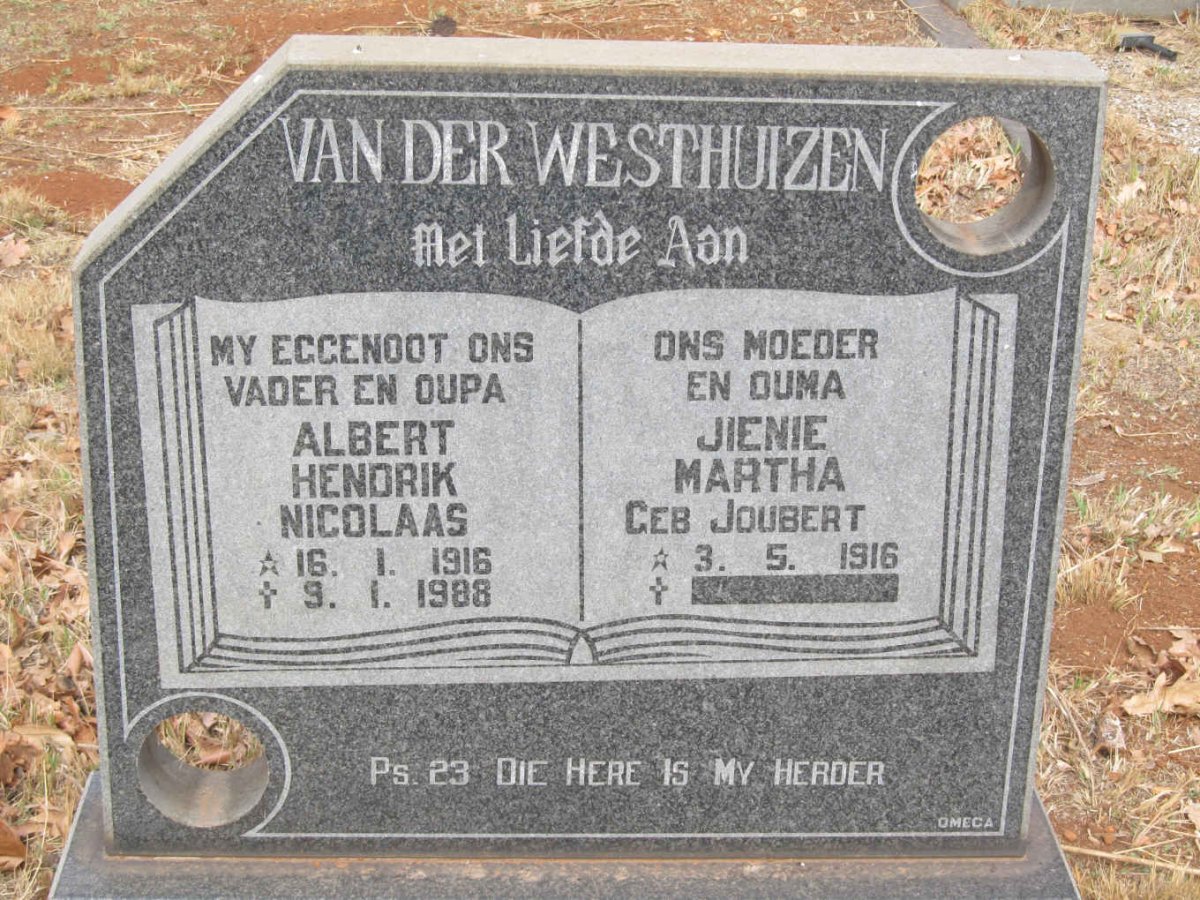 WESTHUIZEN Albert Hendrik Nicolaas, van der 1916-1988 &amp; Jienie Martha JOUBERT 1916-