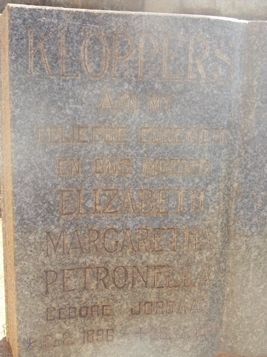 KLOPPERS Elizabeth Margaretha Petronella nee JORDAAN 1896-19??