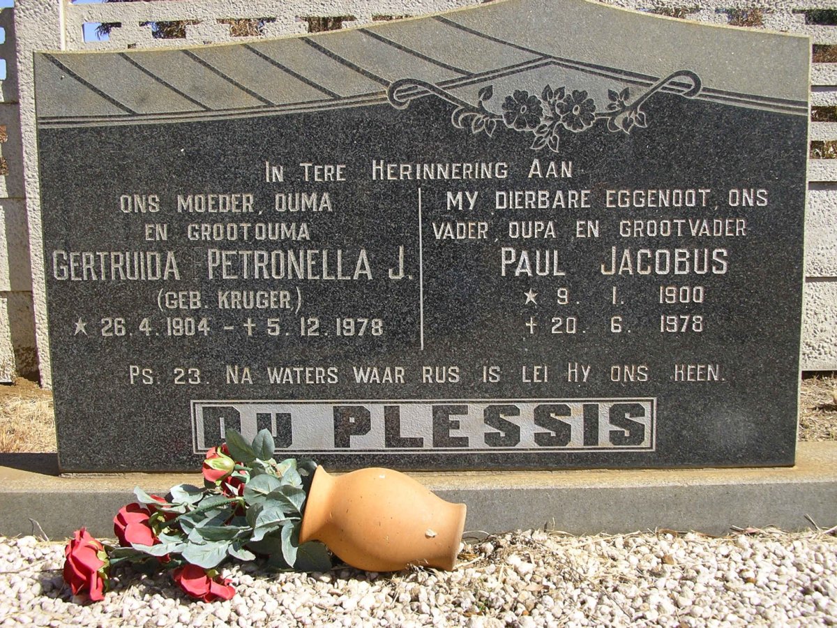 PLESSIS Paul Jacobus, du 1900-1978 &amp; Gertruida Petronella J. KRUGER 1904-1978