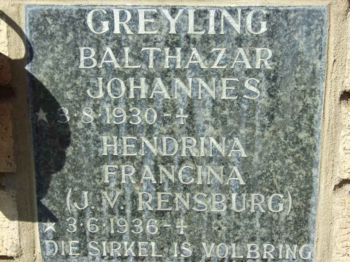 GREYLING Balthazar Johannes 1930-  &amp; Hendrina Francina J.V. RENSBURG 1936-