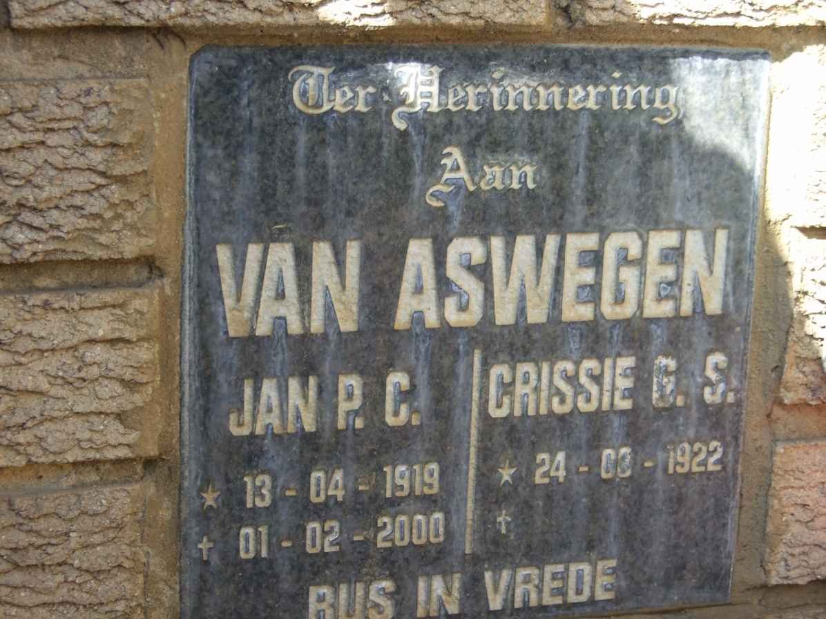 ASWEGEN Jan P.C., van 1919-2000 &amp; Crissie G.S. 1922-